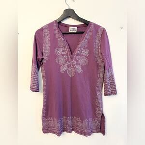 Vintage Y2K lucky brand boho top royal purple silver metallic paisley detail S